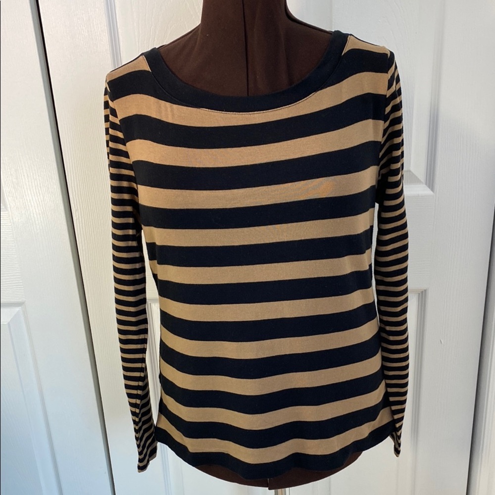2 for $25 - Kate Hill 100% Cotton Tee, long sleeve, Black & Tan stripes, XL